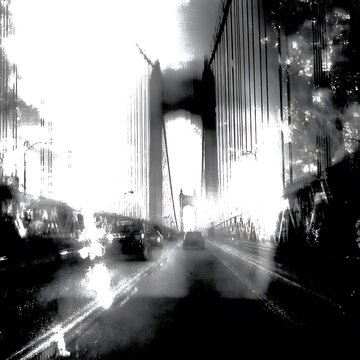 Abstract high contrast black and white suspension bridge with blurred traffic movement