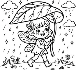 Cute fairy holding a large leaf umbrella in rain. Coloring page for kids with magical character.