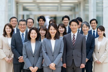 Fototapeta premium 笑顔でオフィスに集まる多様な世代の日本人ビジネスパーソン