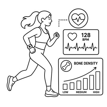 Women's Fitness and Bone Health Monitoring Flat Line Icon with Heart Rate Tracker and Smartwatch Healthcare Illustration