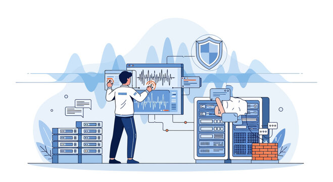 Data analysis and cybersecurity in server room with person and graphs
