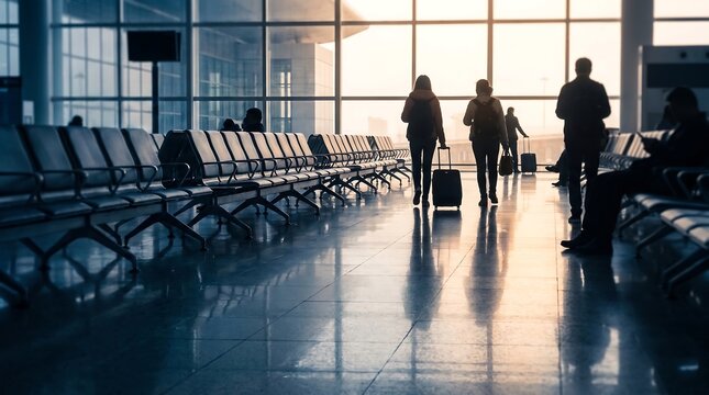 People walking in airport terminal. Travelers with luggage at departure gate.