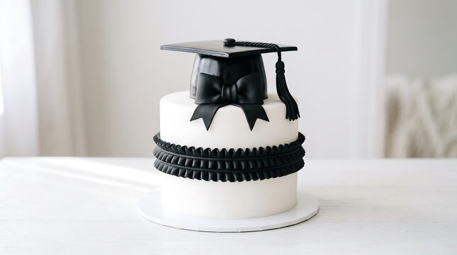 Small white graduation cake with black ruffled icing and black mortarboard on table graduation mortarboard