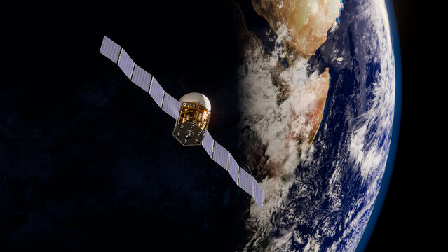 A communications satellite with extended solar panels orbiting around the earth. 3d render