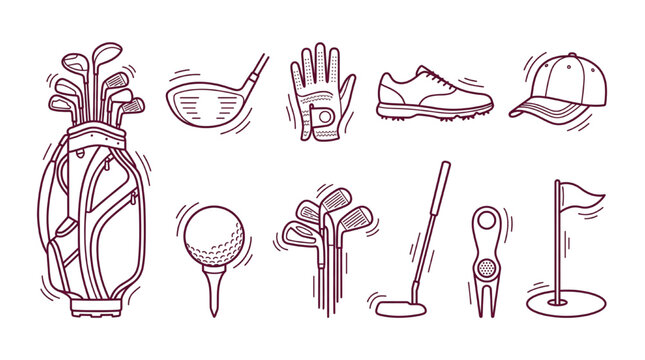 Hand Drawn Golf Equipment Collection Featuring Clubs Bags And Accessories for Sport Activities