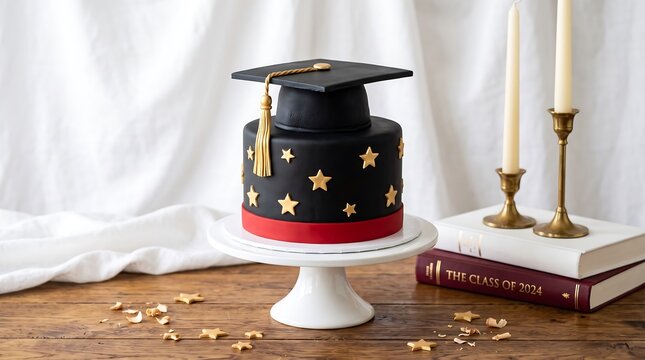 Black graduation cake decorated with gold stars and mortarboard on wooden table with books, graduation