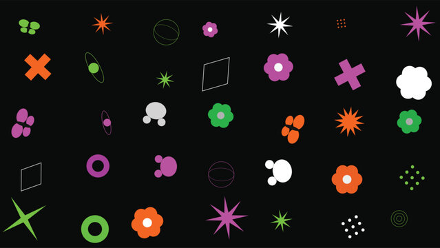 Retro Futuristic Y2K Aesthetic Vector Illustration with Acid Graphics, Neon Geometric Shapes, Stars, Flowers, and Abstract Symbols on a Black Background for Modern Graphic Design Projects.