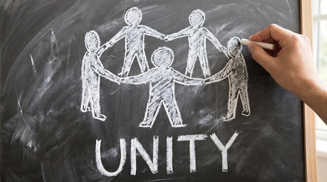Hand drawing unity concept on chalkboard. People holding hands illustration for teamwork.
