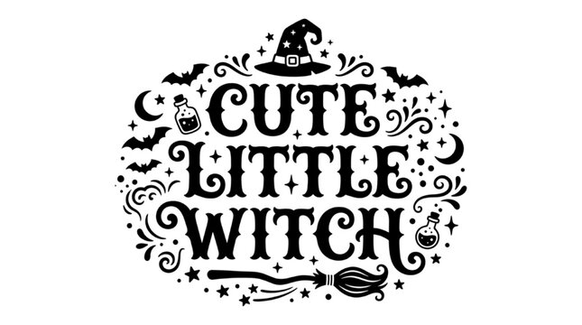 Cute Little Witch Halloween typography design with magic symbols and witch hat
