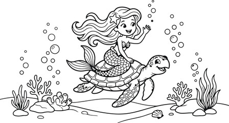 Fototapeta premium Cute mermaid riding a sea turtle. Coloring page for kids with underwater ocean scene.