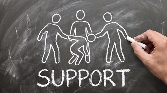 Chalk drawing of people helping a person. Team support concept on a blackboard.