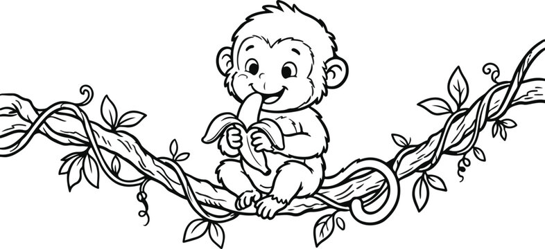Cute baby monkey eating a banana. Vector illustration of a primate sitting on a jungle vine.