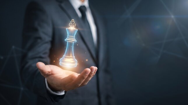 Businessman holding a digital chess king. Strategic planning and corporate leadership concept.
