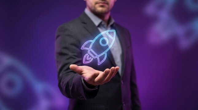 Businessman holding digital rocket icon. Startup growth concept with virtual hologram.