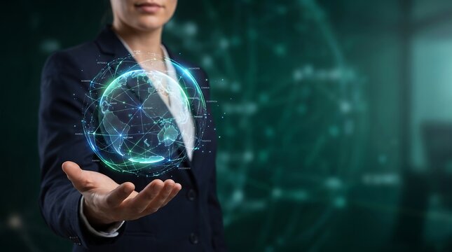 Businesswoman holding digital globe. Global network connection and data technology concept.