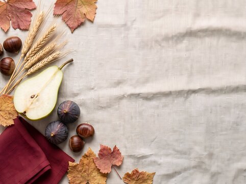 Fresh autumn harvest fruit with wheat and wine fabric for seasonal restaurant menu design autumn background, fall background