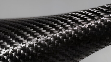 Fototapeta premium Macro photography of black carbon fiber texture with woven composite pattern and light reflection