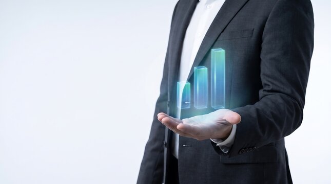 Businessman holding digital growth chart. Executive analyzing financial data with hologram.