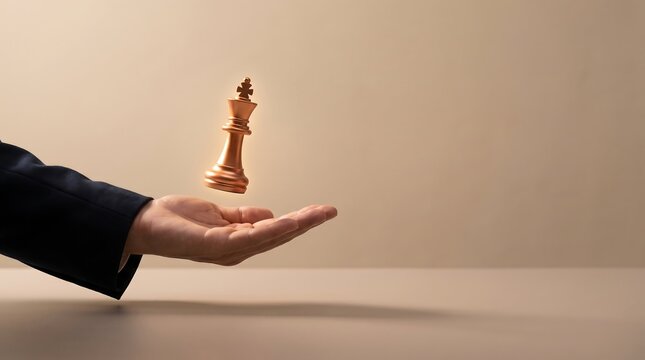 Businessman holding a floating chess king. Strategic leadership and business success concept.