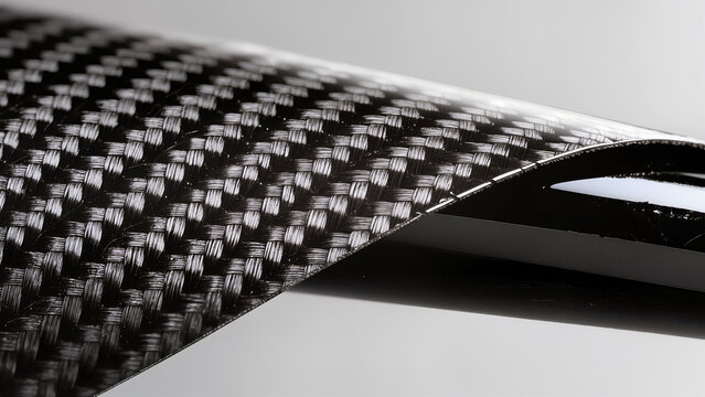 Macro photography of black carbon fiber texture with woven composite pattern and light reflection