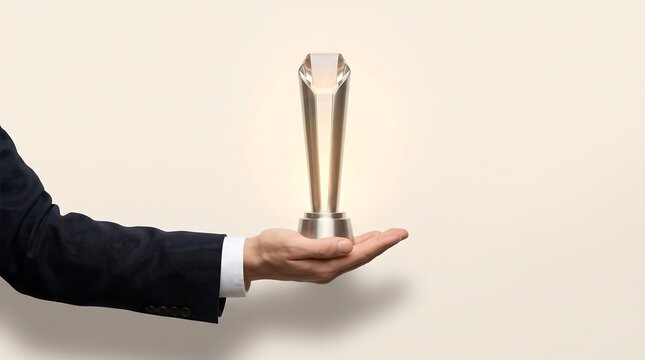 Hand holding a glass trophy. Business person presenting a professional award.