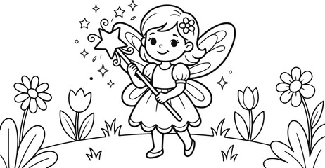 Fototapeta premium Cute fairy coloring page for kids. Little magical character with a star wand illustration.