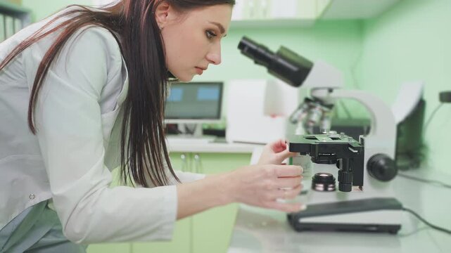Vet makes test looks through microscope.