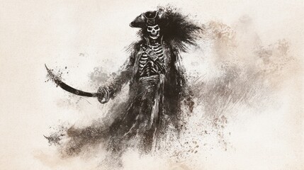 Fototapeta premium Skeleton pirate illustration with sword and hat artistic depiction