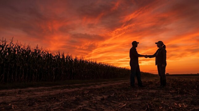 Farmers shaking hands in corn field. Agricultural business partners meeting at sunset.