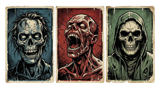 Horror Illustration Set of Undead Zombies and Skeletons in Colorful Tones
