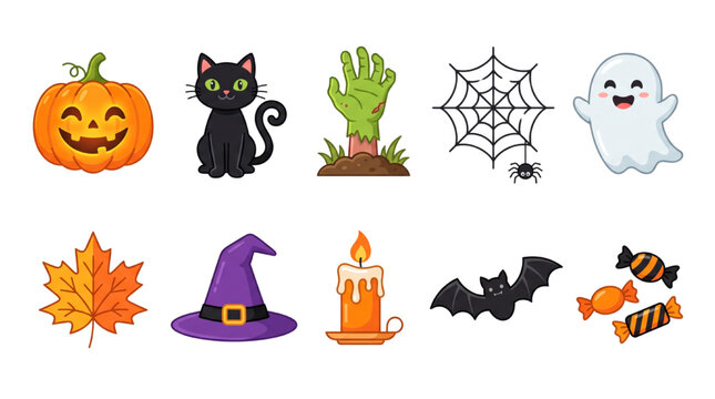Halloween vector icon set with pumpkin cat zombie hand spider web ghost leaf hat candle