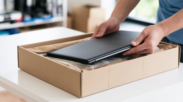 Hands Unpacking Laptop Computer from Cardboard Delivery Box with Protective Packaging Material on White Desk, Concept of E-commerce Shipping, Online Electronics Shopping, IT Equipment Procurement