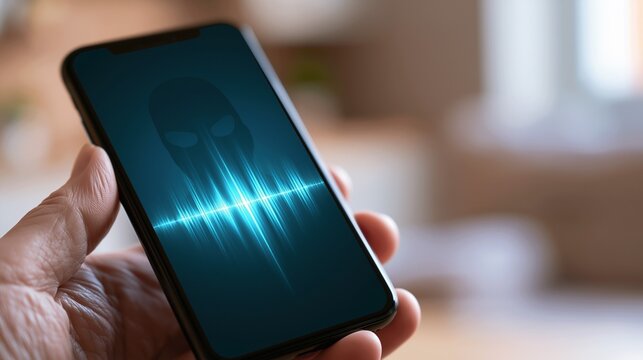 Hand Holding Smartphone with Anonymous Hacker Silhouette and Sound Wave Icon on Screen, Concept of AI Voice Cloning Call Scam, Deepfake Audio Fraud, Vishing, Cybercrime, and Mobile Security Awareness.