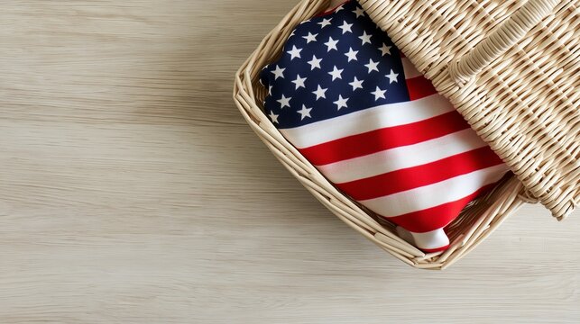 Top View of Wicker Picnic Basket with Folded American Flag Inside on Light Wooden Table, Concept of 4th of July Picnic, Independence Day Celebration, Summer Recreation