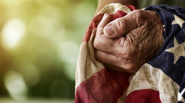 Elderly Veteran's Wrinkled Hands Holding Vintage Fabric American Flag Against Soft Golden Bokeh Background, Concept of Patriotism, Veterans Day, Memorial Day, Honor, Sacrifice, and American Pride.