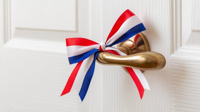 Close-up of Golden Door Handle Tied with Decorative Red White and Blue Ribbon Bow on White Door, Concept of Patriotic Welcome, Real Estate Homecoming, and National Holiday Celebration.