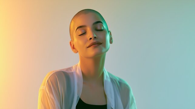 Peaceful Woman with Shaved Head and Closed Eyes in Warm Amber and Cyan Studio Lighting, Concept of Skincare Glow, Mindfulness, Mental Health, Relaxation, and Modern Inclusive Beauty