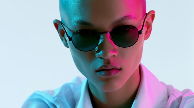 Portrait of Confident Young Asian Woman with Shaved Head Wearing Round Sunglasses in Pink and Cyan Neon Studio Light, Concept of Cyberpunk Aesthetic, Modern Eyewear, Inclusive Beauty, and Edgy Youth 