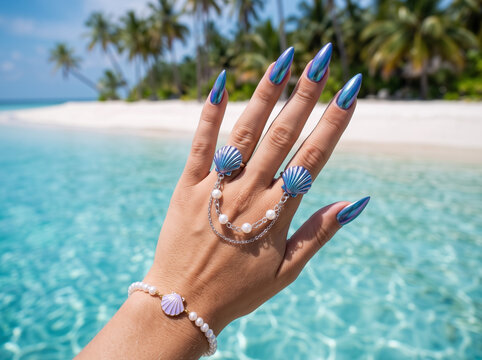 Female Hand with Long Metallic Holographic Blue Nail Art Manicure and Seashell Pearl Jewelry Against Tropical Turquoise Beach and Palm Trees, Concept of Mermaidcore Aesthetic, Summer Resort Beauty