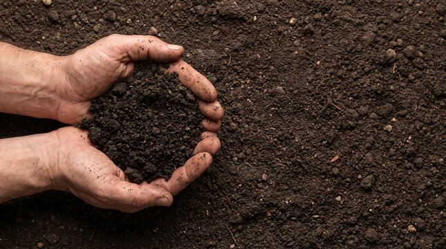 Hands holding fertile soil. Farmer checking organic earth for planting and gardening.