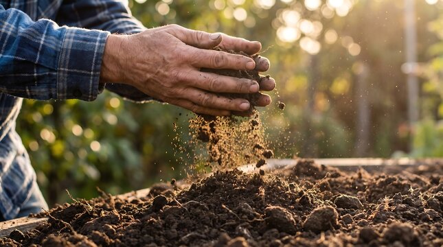 Farmer hands holding fertile soil. Agriculture worker preparing land for planting crops.