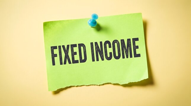 Fixed income text on a sticky note. Financial planning concept for retirement savings.