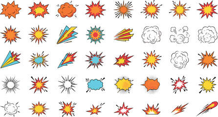 Comic book explosion vector icon set with cartoon speech bubbles pop art bursts smoke clouds dust blasts flash sparks and speed elements for graphic novel layout design © MstAlif