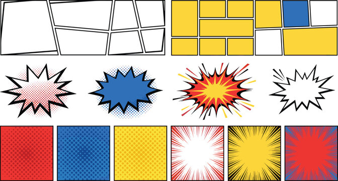 Comic book layout template vector set with blank strip panels pop art halftone backgrounds speech bubble bursts and explosion effects for graphic novel creators