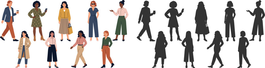 Fototapeta premium Women Character Collection with Matching Black Silhouettes for Fashion, Lifestyle and Business Vector Illustration Set
