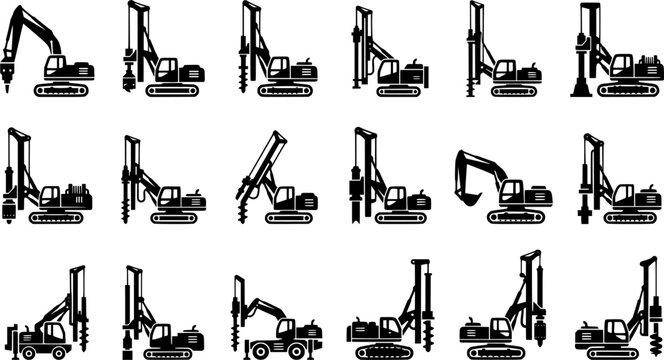 Construction Drilling Rig and Pile Driver Silhouette Icon Set with Auger and Foundation Machinery