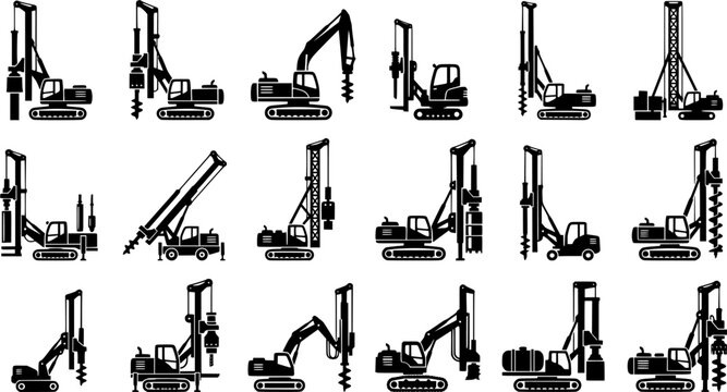 Construction Drilling Rig and Pile Driver Silhouette Icon Set with Auger and Foundation Machinery