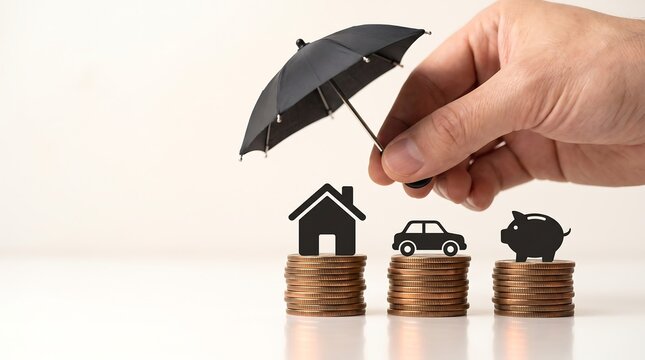 Hand holding umbrella over house and car icons. Financial protection and insurance concept.