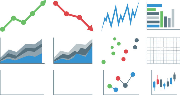 Business financial infographics chart elements set featuring line graphs bar charts scatter plots and candlestick stock market icons isolated on white background