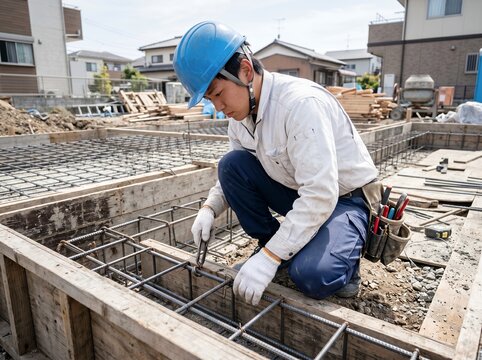 日本人男性の建設作業員が住宅基礎工事現場で鉄筋を結束する職人技